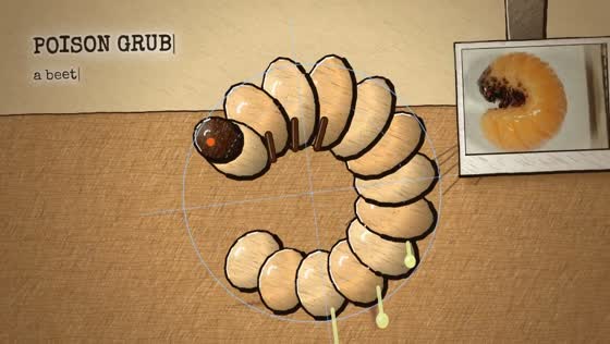 Film still: a drawn beetle grub circled by blue guide lines beside a taped photo